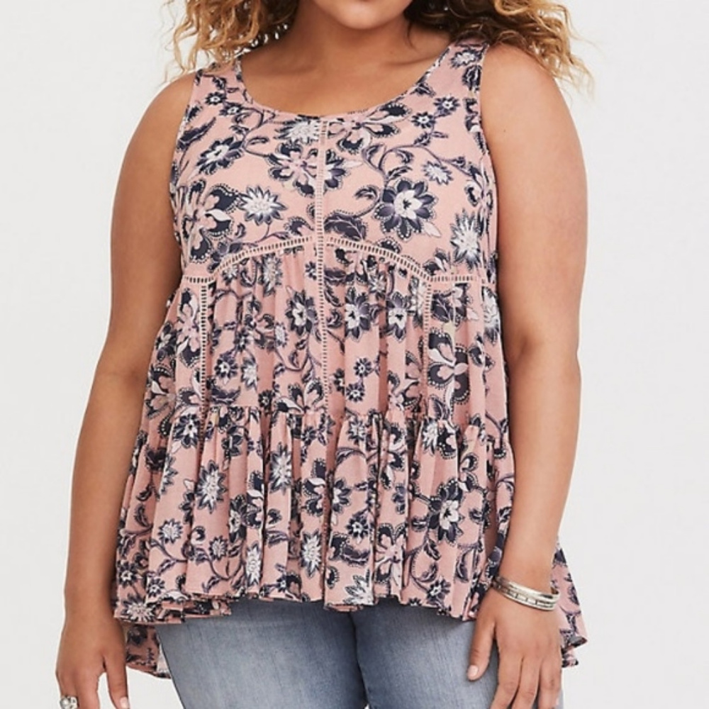 [Torrid] Pink Floral Lace-Up Chiffon Tank